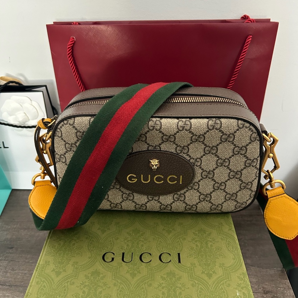 Gucci Beige and Brown Crossbody Bag with Red and Green Strap